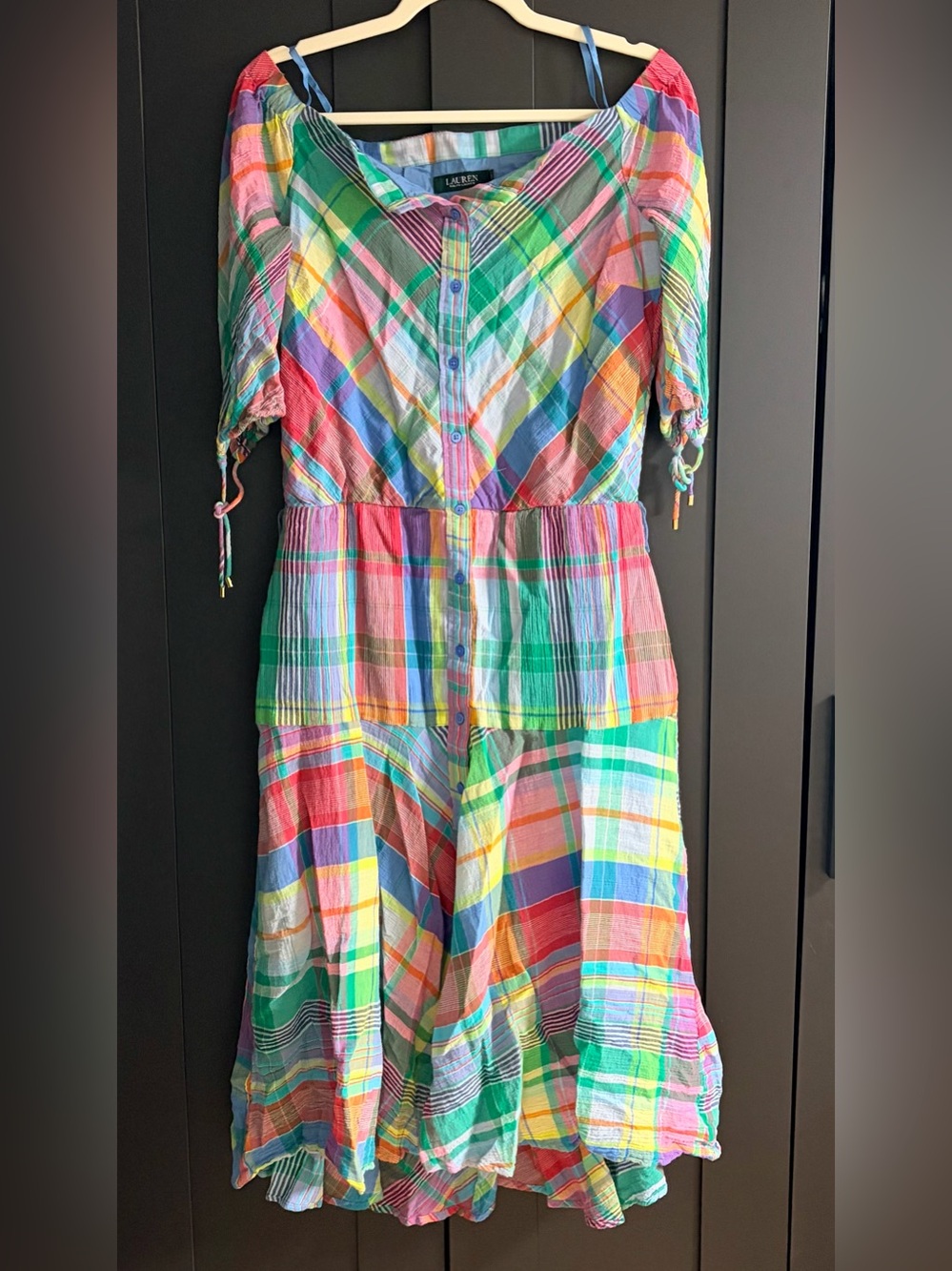 Lauren Ralph Lauren Multicolor Madras Plaid Cotton Midi Dress Size 6